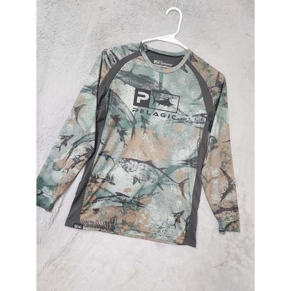 Pelagic Shirt Boys Medium VaporTek Fishing Performance Camo Green Jersey UPF M